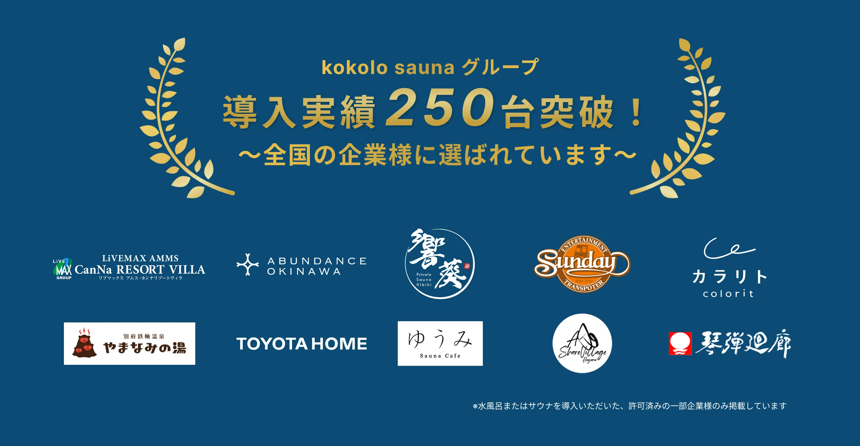 kokolosauna グループ 導入実績250台突破！ 〜全国の企業様に選ばれています〜 LiVEMAX AMMS CanNa RESORT VILLA リブマックス アムス・カンナリゾートヴィラ ABUNDANCE OKINAWA 別府鉄輪温泉 やまなみの湯 TOYOTA HOME 響葵 Private Sauna Hibiki ゆうみ Sauna Cafe Sunday ENTERTAINMENT TRANSPORT カラリト colorit Share Village 琴弾廻廊 ※水風呂またはサウナを導入いただいた、許可済みの一部企業様のみ掲載しています