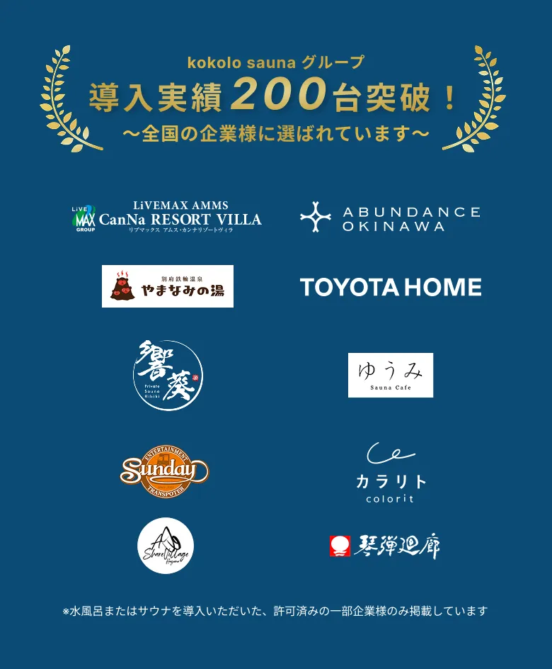 導入実績200台突破! 〜全国の企業様に選ばれています〜 LiVEMAX AMMS CanNa RESORT VILLA リブマックス アムス・カンナリゾートヴィラ ABUNDANCE OKINAWA 別府鉄輪温泉 やまなみの湯 TOYOTA HOME 響葵 Private Sauna Hibiki ゆうみ Sauna Cafe Sunday ENTERTAINMENT TRANSPORT カラリト colorit Share Village 琴弾廻廊 ※水風呂またはサウナを導入いただいた、許可済みの一部企業様のみ掲載しています
